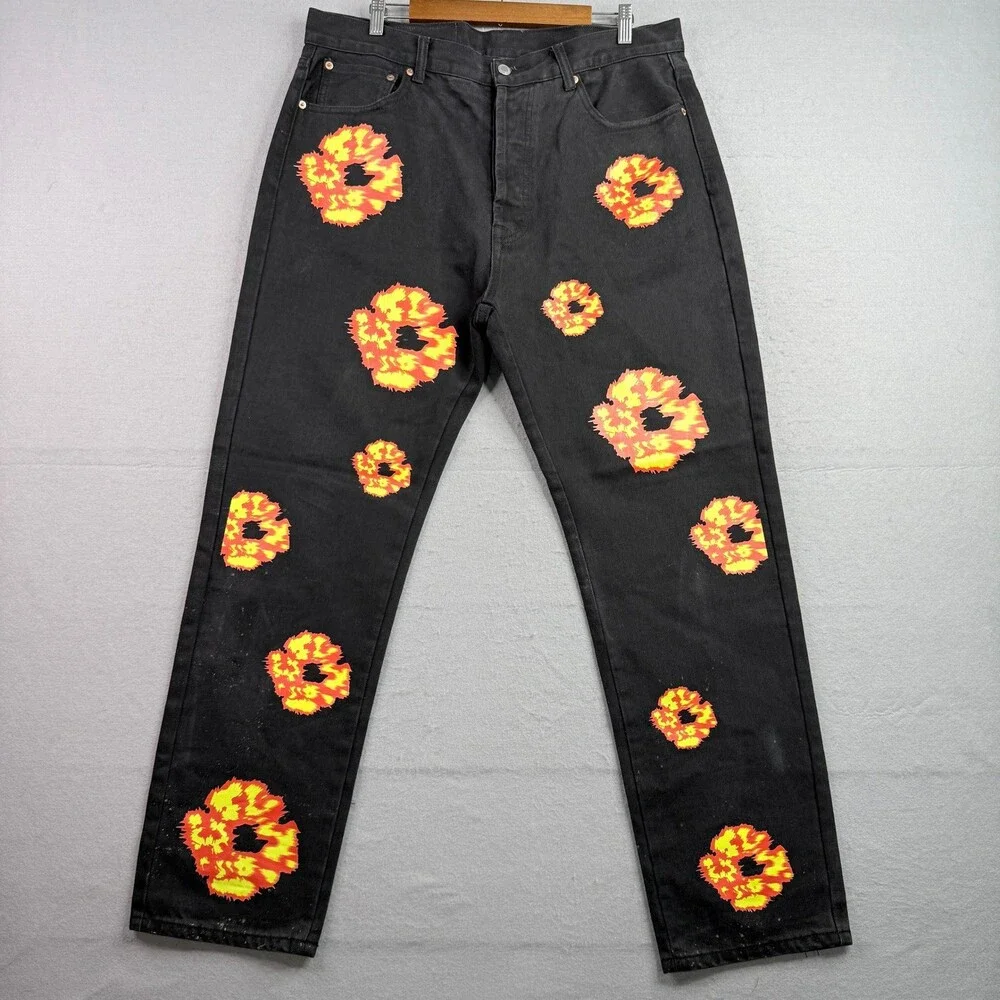 Denim Tears Levis 501 Jeans Mens 36x32 Black Orange Yellow Flame Wreath Print